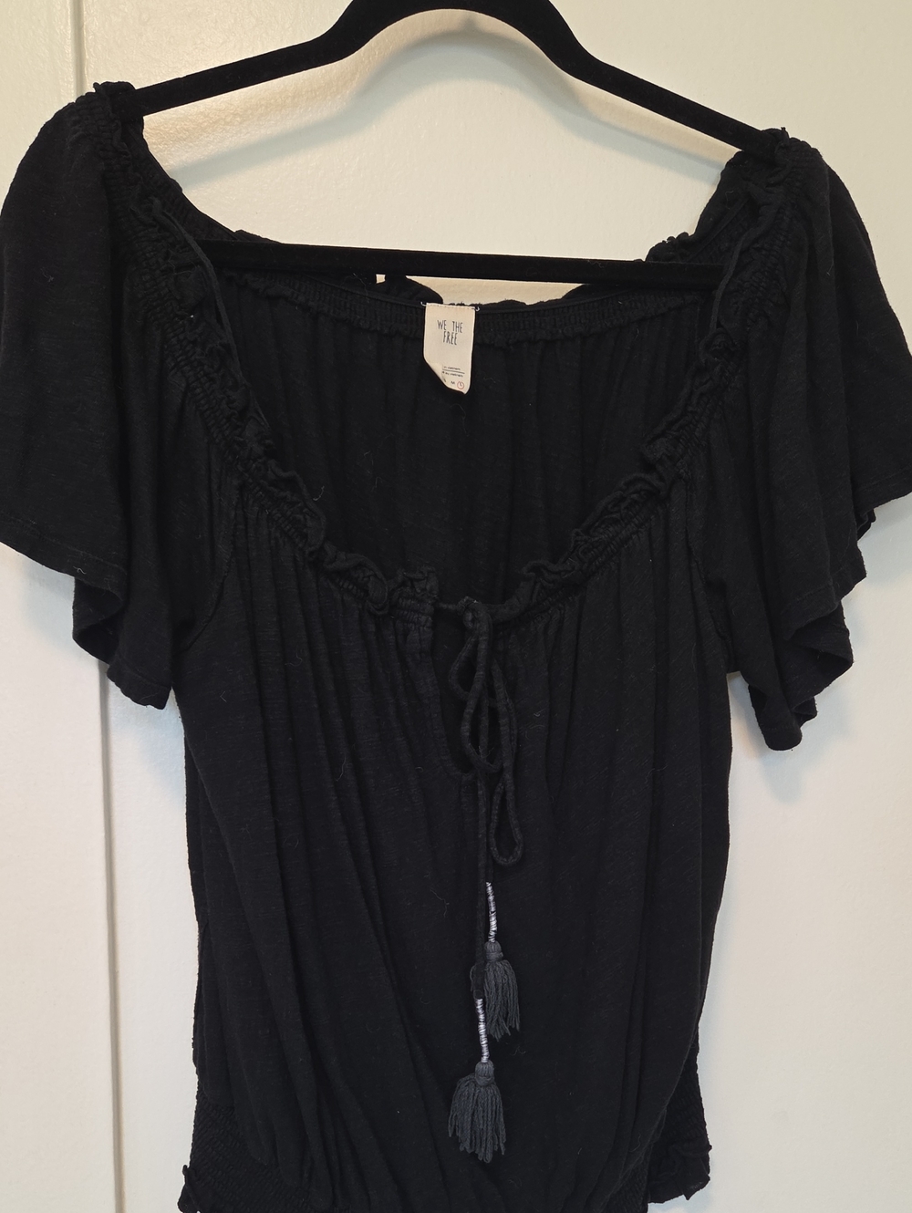 We The Free Black Off-Shoulder Tassel Tie Blouse